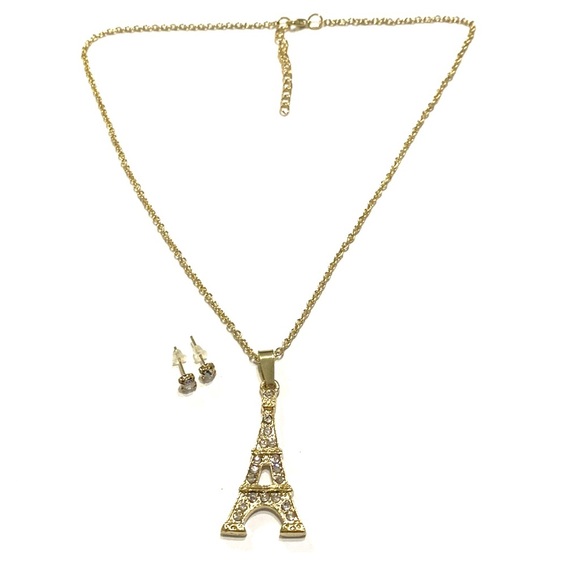 Eiffel Tower Necklace Earrings Set Gold Tone Rhinestones - Picture 2 of 4